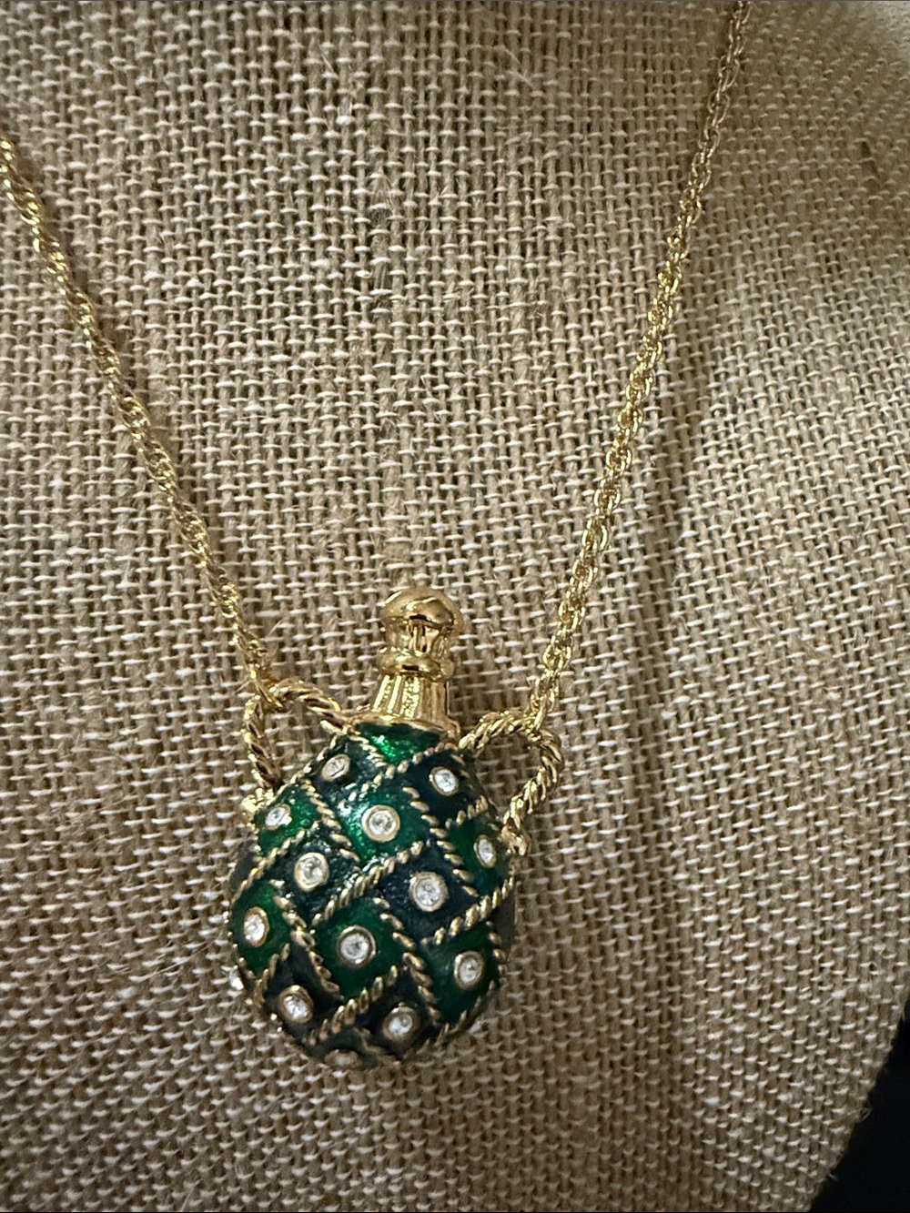 Avon Gold-Tone Green Jeweled Perfume Bottle Pendant Necklace